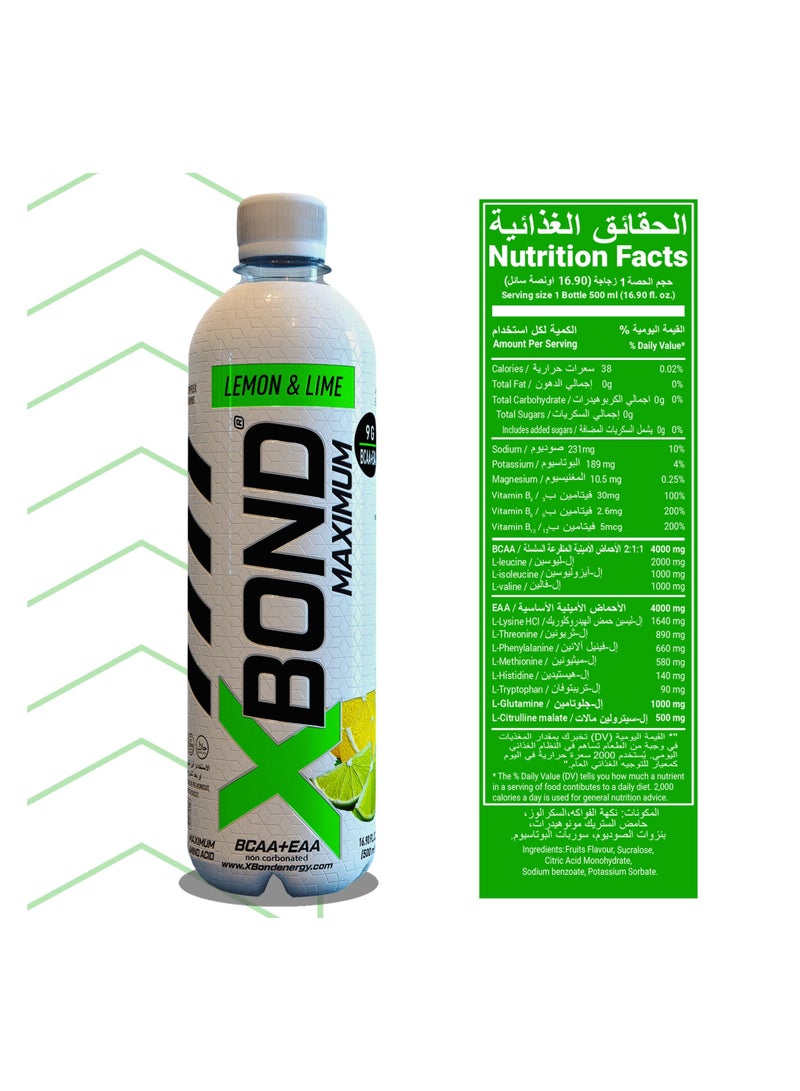 Xbond X-BOND 9g BCAA + EAA Lemon & Lime Maximum Recovery  Non Carbonated Drink Maximum Amino Drink -  Electrolytes Drink - 16 fl oz (500 ml), Sugar Free 34 Calories, 60mg Caffeine Pack of 12 - Image 3