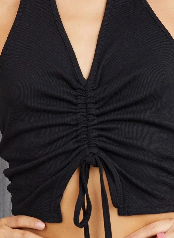 Take Two Halter Neck Ruched Detail Rib Crop Top