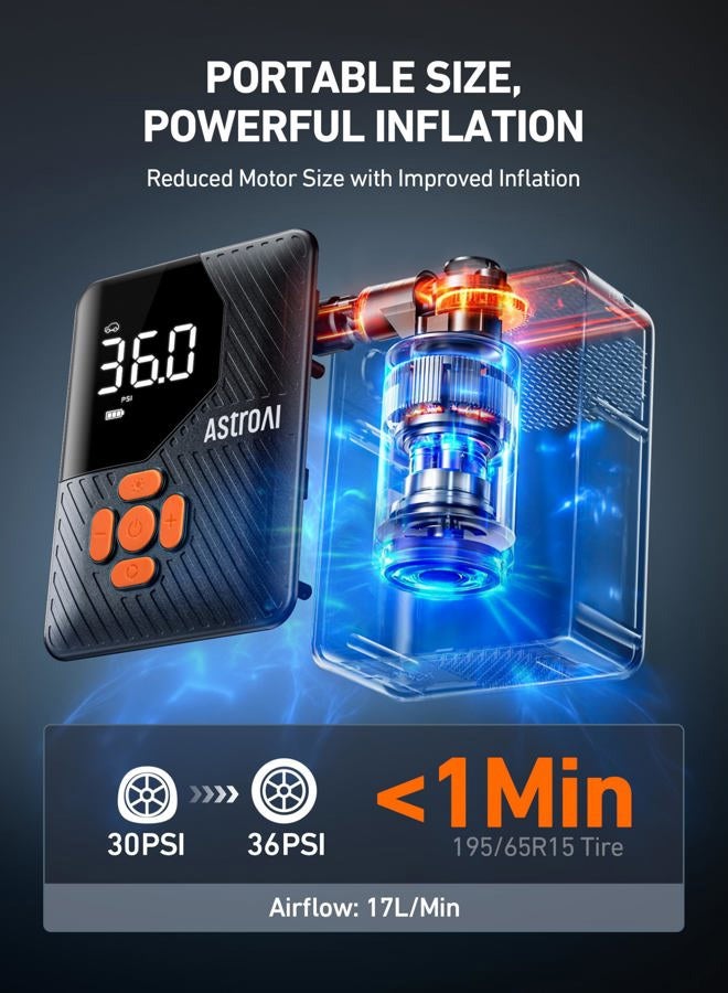 AstroAI L7 Mini Tire Inflator Portable Air Compressor,150 PSI Cordless Car Tires Air Pump with LED Lights&Pressure Gauge,Auto Shut-Off - Tire Pump for Auto,Motorcycle, Bicycle, Ball Orange - Image 3