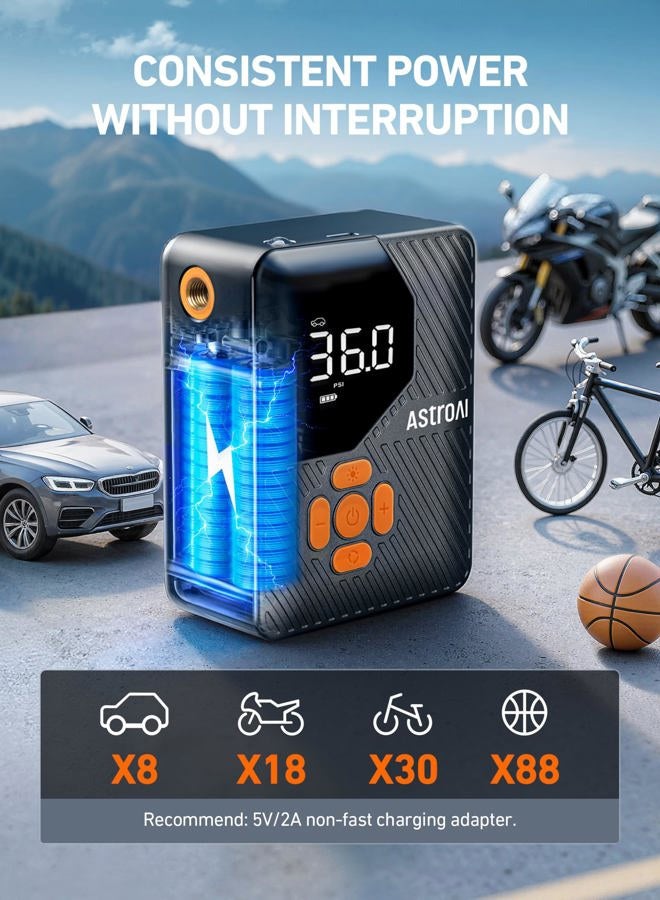 AstroAI L7 Mini Tire Inflator Portable Air Compressor,150 PSI Cordless Car Tires Air Pump with LED Lights&Pressure Gauge,Auto Shut-Off - Tire Pump for Auto,Motorcycle, Bicycle, Ball Orange - Image 4