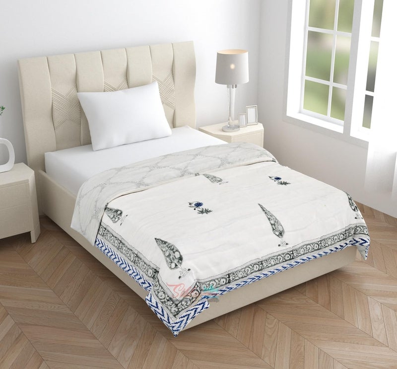 LOARSHY Pure Cotton 400 TC Traditional Rajasthani Hand Block Printed Single Bed Jaipuri Quilt/Razai/Rajai [Light Weight, Multicolor - Blue (Size 60X90 INCHES) - Image 2
