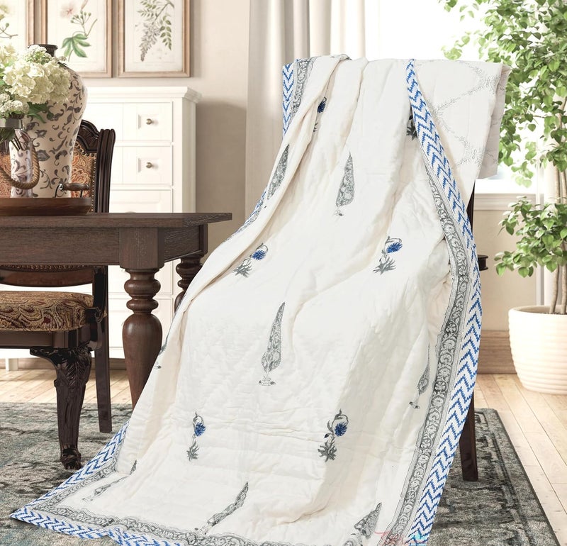 LOARSHY Pure Cotton 400 TC Traditional Rajasthani Hand Block Printed Single Bed Jaipuri Quilt/Razai/Rajai [Light Weight, Multicolor - Blue (Size 60X90 INCHES) - Image 1