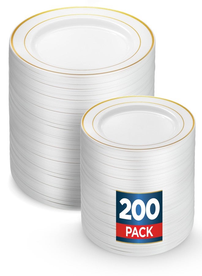 Munfix 200 Gold Plastic Plates Set, 100 Pcs 10 Inch White Dinner and 100 Pcs 7 Inch Dessert Plates, Elegant Fancy Heavy Duty for Party, Wedding, White with Gold Rim - Image 1