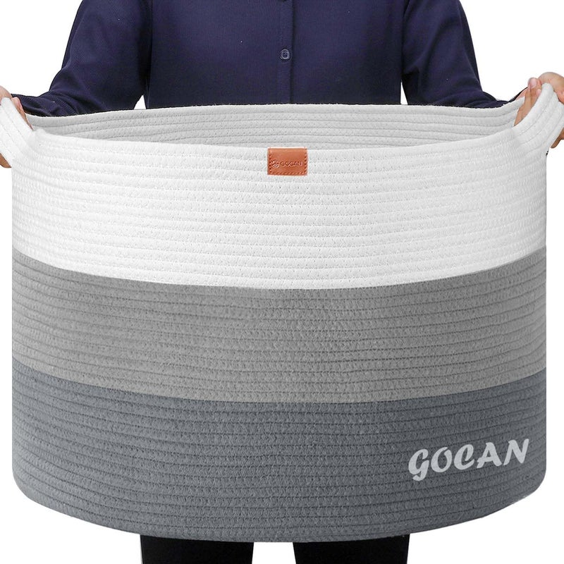GOCAN سلة غسيل كبيرة جدًا من XXXL مصنوعة من الحبل، سلة غسيل مقاس D55XH35 سم، سلة تخزين، سلة غسيل مع مقابض لسلة ألعاب الكلاب، سلة كتان، سلال غسيل لغرف النوم - Image 1
