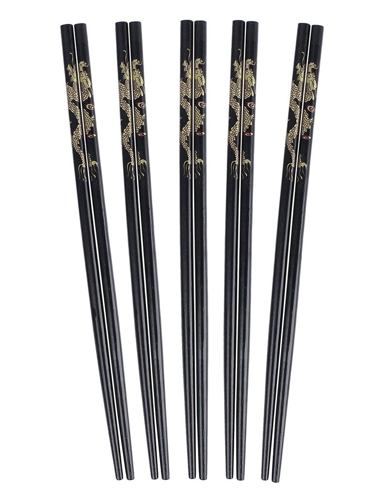 Sakoraware 5 Pairs/10 pcs Reusable Fiberglass Chinese Japanese Chopstick Dragon Black Print Designer, Dishwasher Safe, Round, 9.5 Inch - Image 1