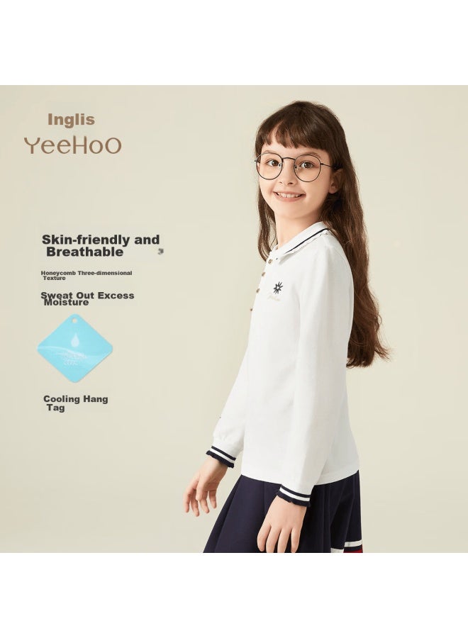 Yeehoo Girls' T-shirt, Children's Polo Shirt, Long-sleeve Top For Older Kids, Preppy Style Spring Wear, Collared Blouse, White, Size 160 - Image 1