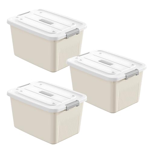KREPS® Plastic Storage Box/Bins, Color : Cream, Container with Lock and Lid, Stackable, Heavy Duty Material, Available in Multiple Size and Sets. (Pack of : 3, MEDIUM: 12 X 8.5 X 7 INCH) - Image 1