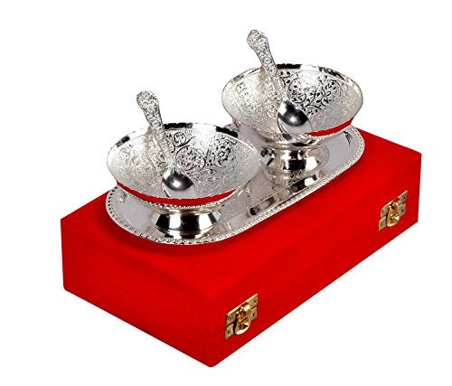 Jaipur Ace Round German Silver Plated Bowl with Tray Set Includes -1 Tray, 2 Bowls (150 ml), 2 Spoons | Diwali Gift Set | katori chammach | Serving Bowl | Snack Bowls (Pack of 1) - Image 2