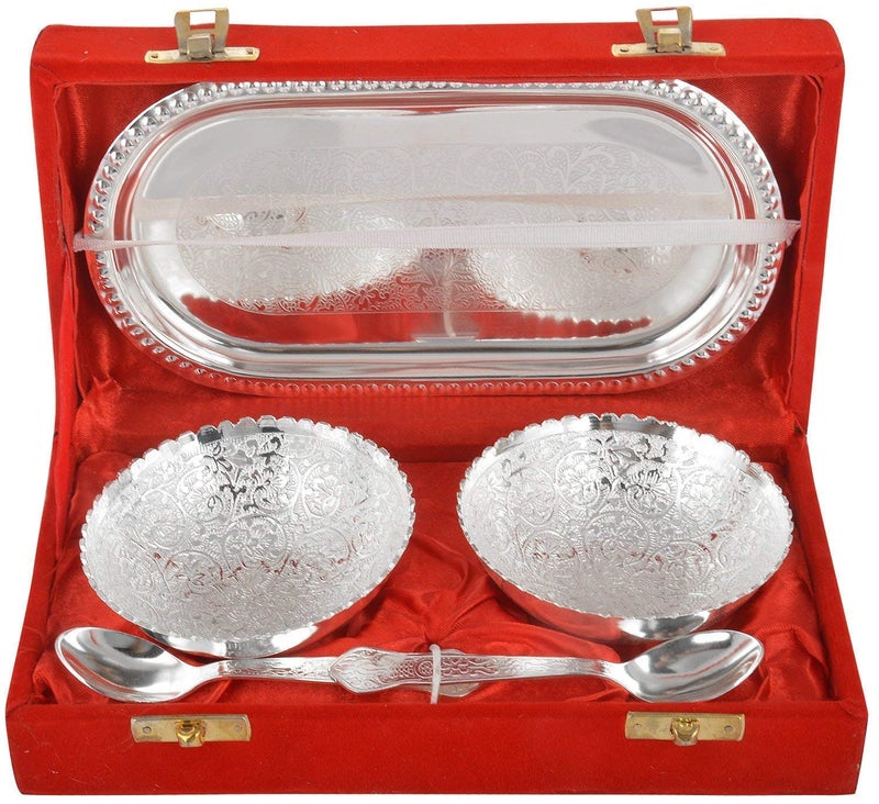 Jaipur Ace Round German Silver Plated Bowl with Tray Set Includes -1 Tray, 2 Bowls (150 ml), 2 Spoons | Diwali Gift Set | katori chammach | Serving Bowl | Snack Bowls (Pack of 1) - Image 1