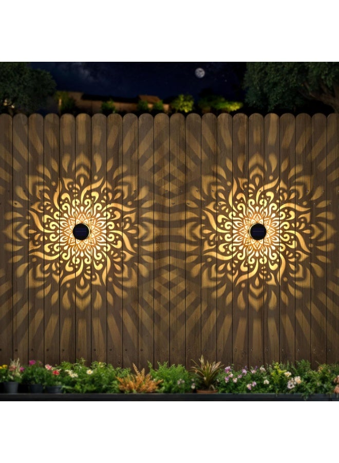 Solar Fence Lights 2 Pack Outdoor Deck Step, Wall Lights Metal Waterproof LED Warm Yellow Light for Garden, Post Patio, Backyard - Mandala （Gardening Gifts） - Image 1