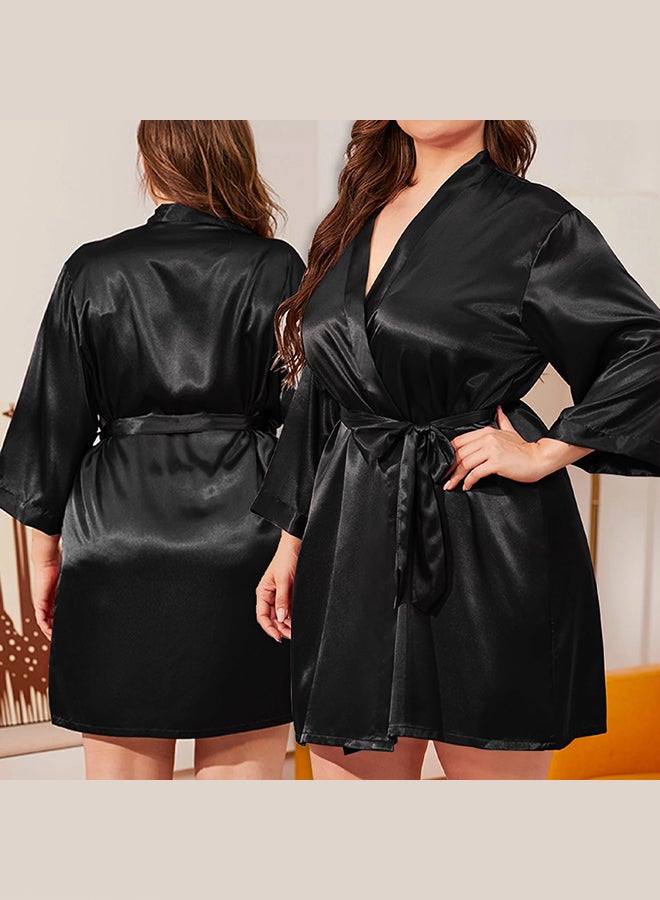 MARGOUN روب ساتان قصير ناعم للنساء بحجم 3XL للعرائس وصديقات العروس، بيجامة ناعمة، رداء صباحي، فستان نوم متوسط الطول، أسود - Image 2