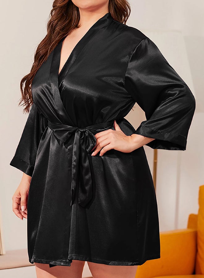MARGOUN روب ساتان قصير ناعم للنساء بحجم 3XL للعرائس وصديقات العروس، بيجامة ناعمة، رداء صباحي، فستان نوم متوسط الطول، أسود - Image 3