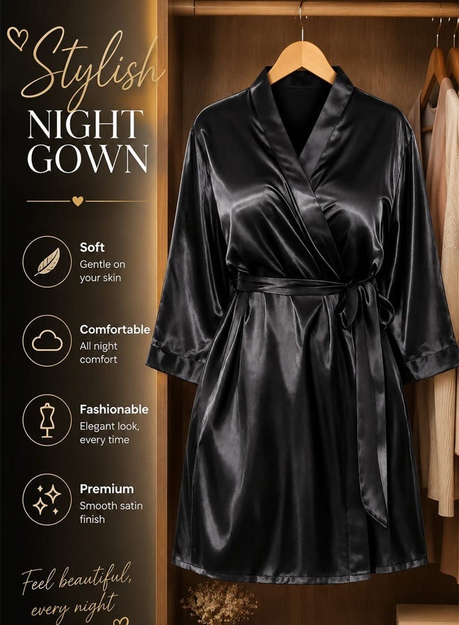 MARGOUN Women's 3XL Size Pure Short Satin Robes Bridesmaid and Bride Silky Robes Sleepwear Soft Dressing Gown Bride Pajamas Morning Robe Mid-Length Nightdress Black - Image 2