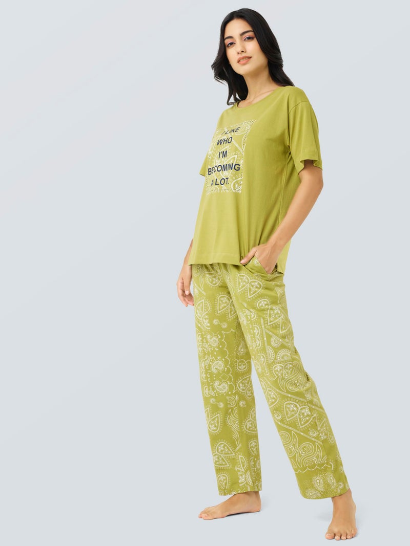 I Like Me Night Suit for Womens Greenish Yellow Bohemian Printed Cotton Drop Shoulder Top and Pajama Set 9407 - Image 2