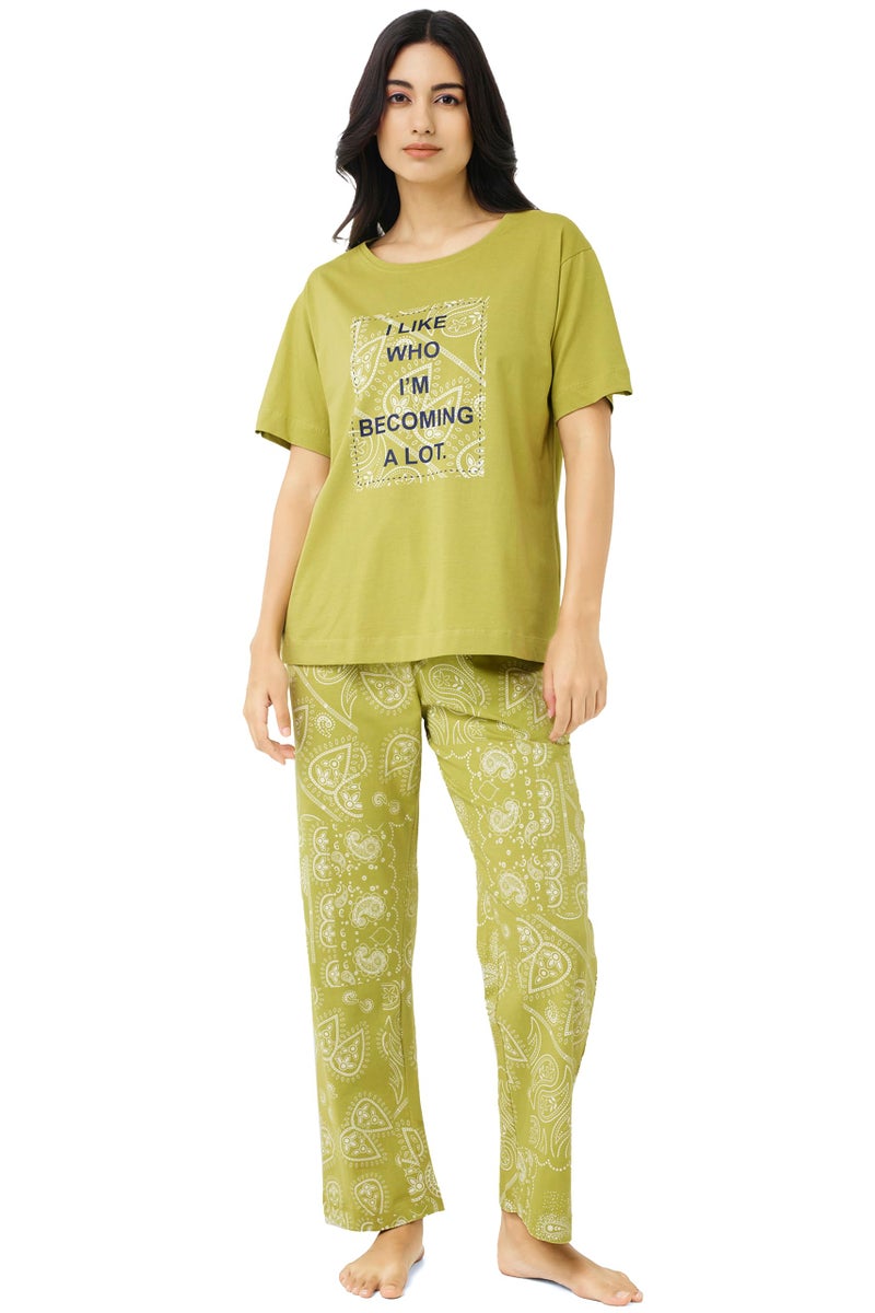 I Like Me Night Suit for Womens Greenish Yellow Bohemian Printed Cotton Drop Shoulder Top and Pajama Set 9407 - Image 1
