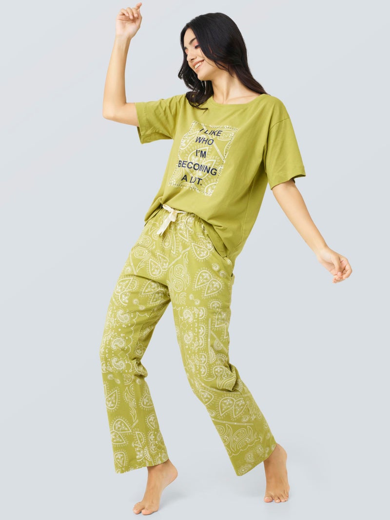 I Like Me Night Suit for Womens Greenish Yellow Bohemian Printed Cotton Drop Shoulder Top and Pajama Set 9407 - Image 3