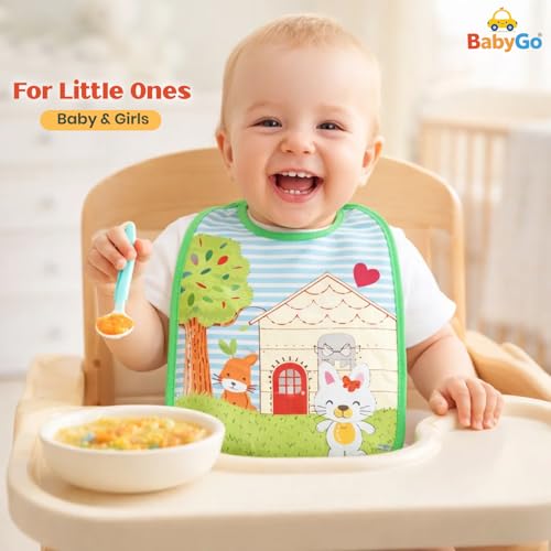 BabyGo Waterproof Baby Starter Bibs | Feeding, Teething & Drooling Apron for Infants 3–12 Months, Soft, Absorbent, Reusable & Easy-to-Clean Spill-Proof Apron Bibs for Babies | Pack of 4 (Multicolor) - Image 2