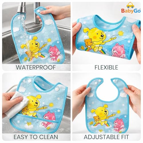 BabyGo Waterproof Baby Starter Bibs | Feeding, Teething & Drooling Apron for Infants 3–12 Months, Soft, Absorbent, Reusable & Easy-to-Clean Spill-Proof Apron Bibs for Babies | Pack of 4 (Multicolor) - Image 3