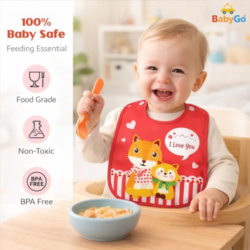 BabyGo Waterproof Baby Starter Bibs | Feeding, Teething & Drooling Apron for Infants 3–12 Months, Soft, Absorbent, Reusable & Easy-to-Clean Spill-Proof Apron Bibs for Babies | Pack of 4 (Multicolor) - Image 4