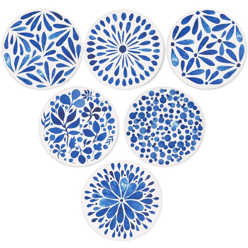 AD Set of 6 Coasters for Drinks Absorbing Round Ceramic Stone Coaster with Cork Base,Tabletop Protection Mat for Mugs and Cups,Office,Kitchen (Indigo Blue) - Image 1