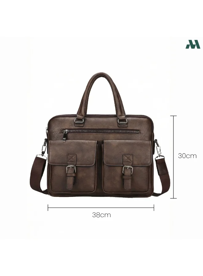 موبكوس حقيبة كتف رجالية بجيبين، حقيبة كروسبودي، حقيبة يد جلدية صناعية، حقيبة مراسلة رجالية، حقيبة حمل بمقبض علوي، لون بني داكن