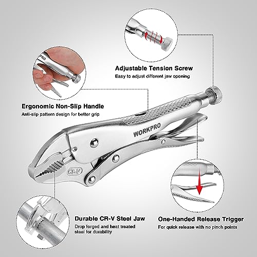 WORKPRO Locking Pliers, 10-inch Curved Jaw Vice Grips pliers, Chromium-Vanadium Steel Locking Pliers with Wire Cutter, Locking Adjustable Vise Grips for Clamping Twisting Welding - Image 3