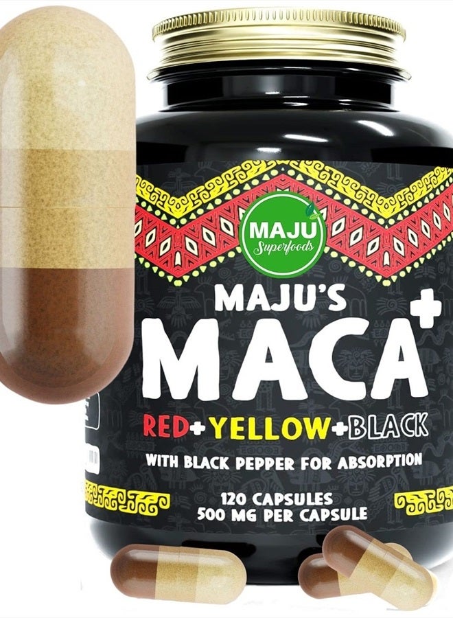 Maju Superfoods 4-in-1 Maca Root Capsules, Organic Black, Yellow & Red Roots w Black Pepper Extract for Absorption (120 ct) | Peru Product, Peruvian Powder, Men & Women Supplement, 60,000 mg - Image 1