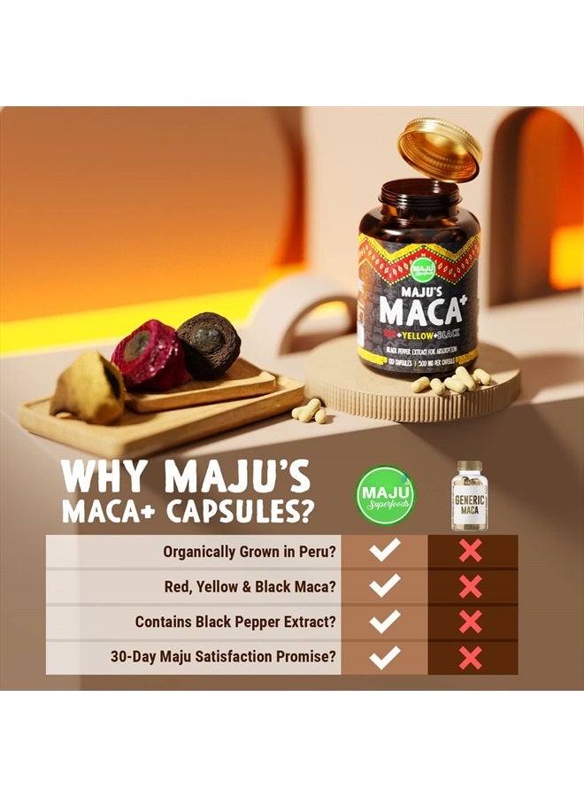 Maju Superfoods 4-in-1 Maca Root Capsules, Organic Black, Yellow & Red Roots w Black Pepper Extract for Absorption (120 ct) | Peru Product, Peruvian Powder, Men & Women Supplement, 60,000 mg - Image 5