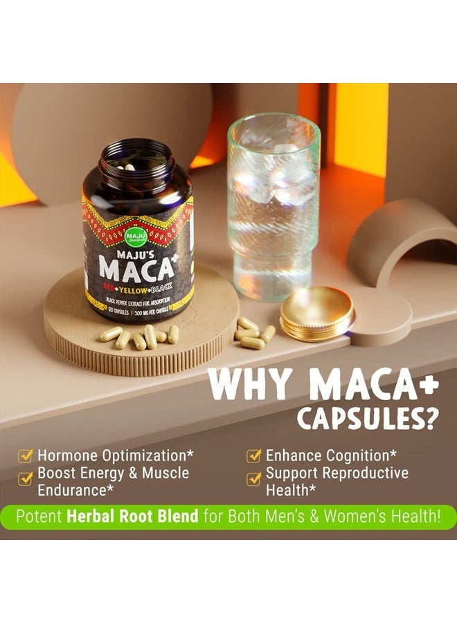 Maju Superfoods 4-in-1 Maca Root Capsules, Organic Black, Yellow & Red Roots w Black Pepper Extract for Absorption (120 ct) | Peru Product, Peruvian Powder, Men & Women Supplement, 60,000 mg - Image 3