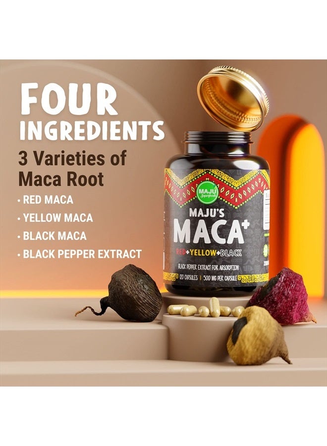 Maju Superfoods 4-in-1 Maca Root Capsules, Organic Black, Yellow & Red Roots w Black Pepper Extract for Absorption (120 ct) | Peru Product, Peruvian Powder, Men & Women Supplement, 60,000 mg - Image 2