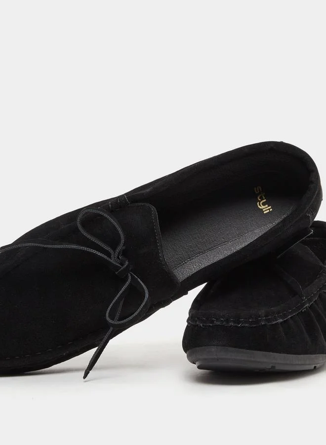 Styli Textured Bow Accent Slip In Loafers
