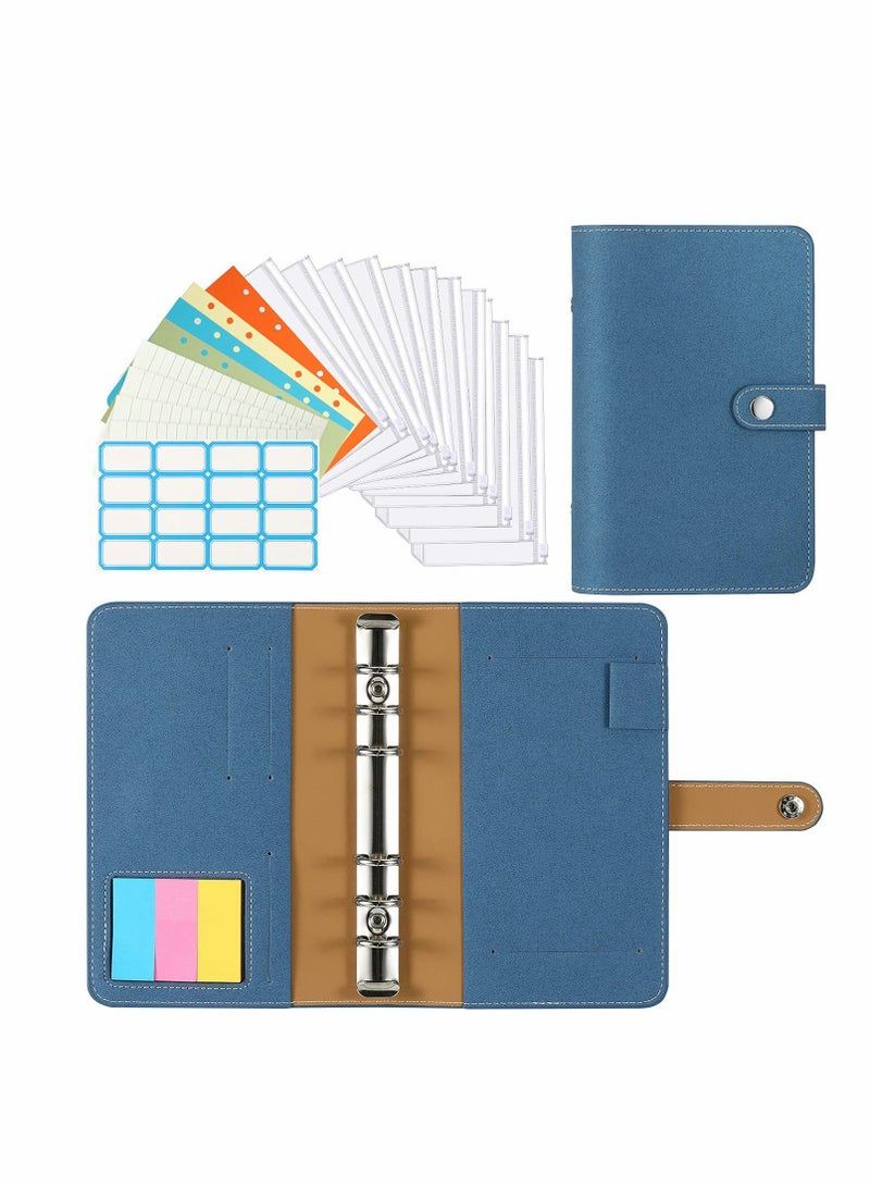 Excefore A6 Budget Binder, PU Leather Cover with 12PCS A6 Binder Pockets Loose Leaf Bags 6 Ring Binder Cash Zipper Pouches & Label Stickers Refillable Budget Envelopes System (Shimmering Blue)  - Image 1