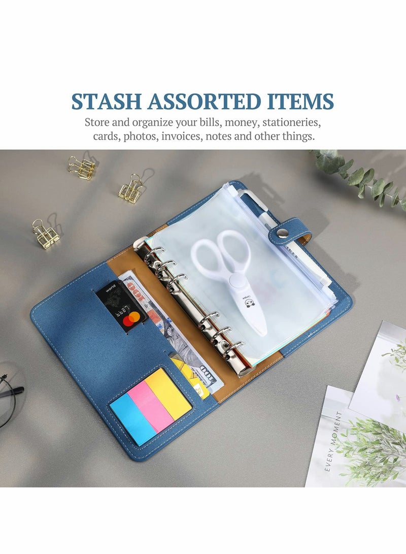 Excefore A6 Budget Binder, PU Leather Cover with 12PCS A6 Binder Pockets Loose Leaf Bags 6 Ring Binder Cash Zipper Pouches & Label Stickers Refillable Budget Envelopes System (Shimmering Blue)  - Image 4