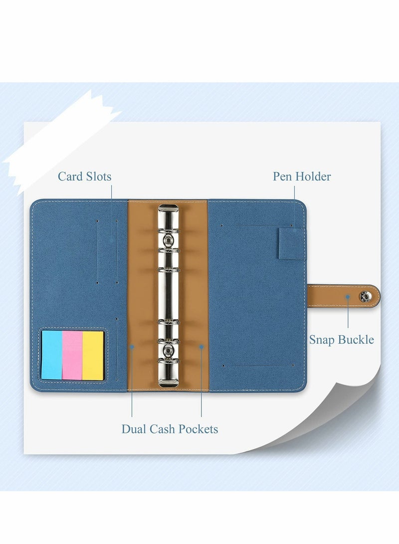 Excefore A6 Budget Binder, PU Leather Cover with 12PCS A6 Binder Pockets Loose Leaf Bags 6 Ring Binder Cash Zipper Pouches & Label Stickers Refillable Budget Envelopes System (Shimmering Blue)  - Image 2