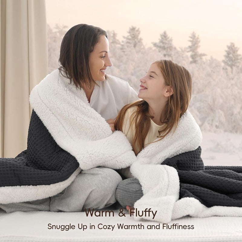 PHF Waffle Sherpa Blanket Throw Size (127cm x 152cm), Luxury Plush Flannel Fleece for Winter, Reversible & Cozy Soft, Black - Image 2