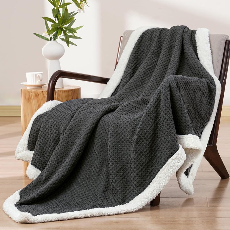 PHF Waffle Sherpa Blanket Throw Size (127cm x 152cm), Luxury Plush Flannel Fleece for Winter, Reversible & Cozy Soft, Black - Image 1