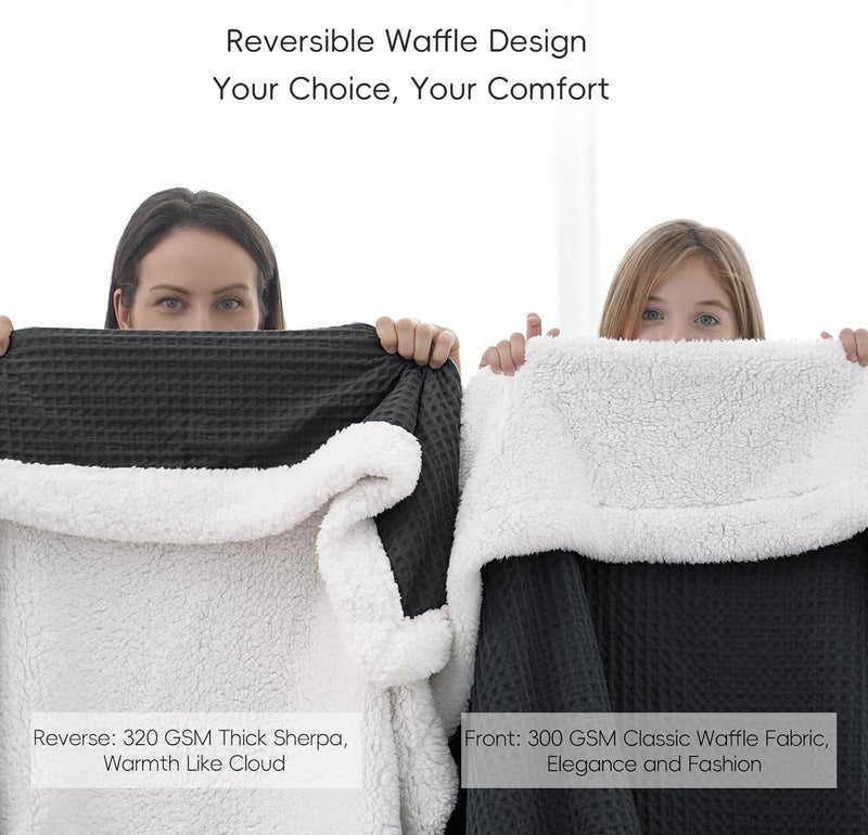 PHF Waffle Sherpa Blanket Throw Size (127cm x 152cm), Luxury Plush Flannel Fleece for Winter, Reversible & Cozy Soft, Black - Image 4