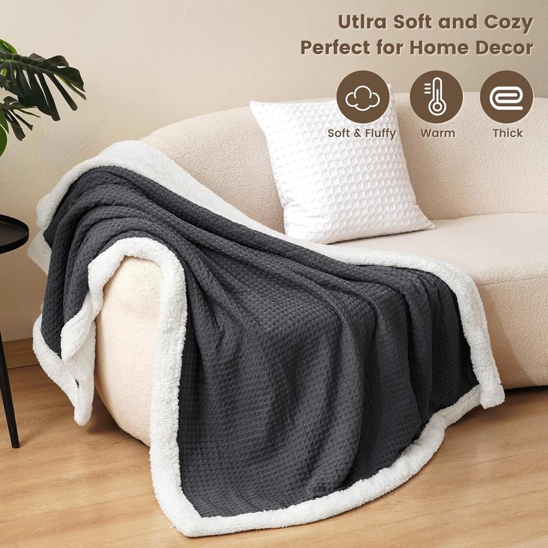 PHF Waffle Sherpa Blanket Throw Size (127cm x 152cm), Luxury Plush Flannel Fleece for Winter, Reversible & Cozy Soft, Black - Image 3