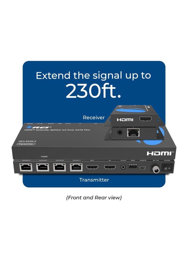 OREI 1x4 HDMI Extender Splitter Multiple Over Single Cable CAT6/7 1080P with IR Remote EDID Management - Up to 165 Ft - Loop Out - Low Latency - Full Support - Image 2