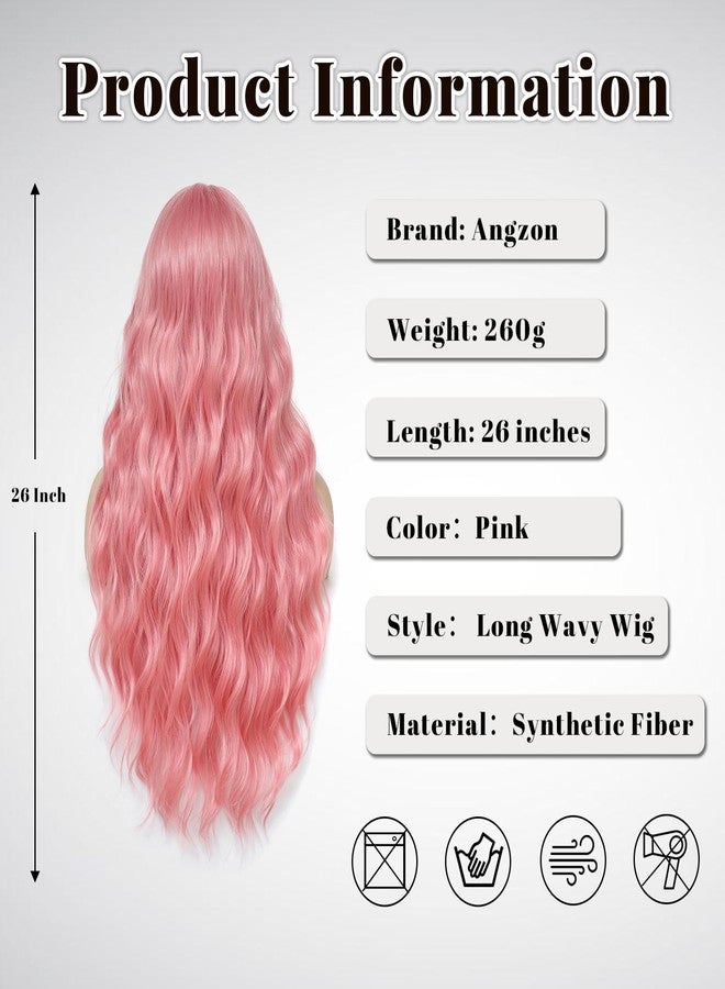 Angzon Light Pink Wig 26 Inch Long Wavy Wig for Women - Heat Resistant Synthetic Hair Middle Part Curly Wig Natural Look for Daily Party Cosplay Costume Use - Image 2