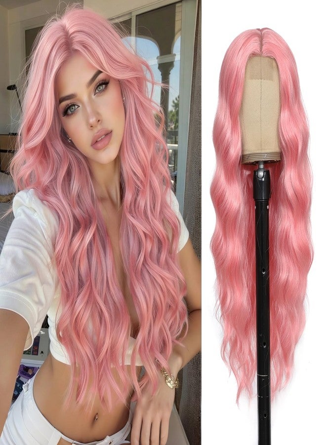 Angzon Light Pink Wig 26 Inch Long Wavy Wig for Women - Heat Resistant Synthetic Hair Middle Part Curly Wig Natural Look for Daily Party Cosplay Costume Use - Image 1