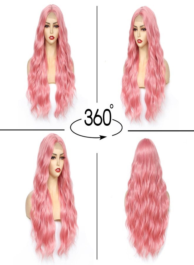 Angzon Light Pink Wig 26 Inch Long Wavy Wig for Women - Heat Resistant Synthetic Hair Middle Part Curly Wig Natural Look for Daily Party Cosplay Costume Use - Image 3