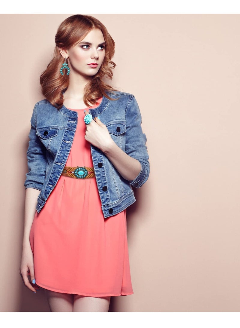 حزام خصري مضفر باللون التركوازي (قطعتان)، مجموعة من الحزام المنسوج بأسلوب بوهيمي ومجوهرات التركواز وأقراط بيانية متدلية للنساء - Image 4