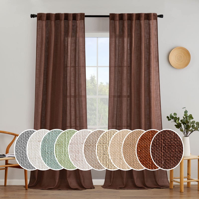 MIULEE Chocolate Brown Linen Curtains 96 Inch Long for Bedroom Living Room Soft Thick Linen Textured Window Drapes Semi Sheer Light Filtering Back Tab Rod Pocket Burlap Look Decor 2 Panels