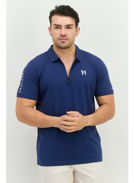 Men Regular Fit Brand Logo Short Sleeves Polo, Navy