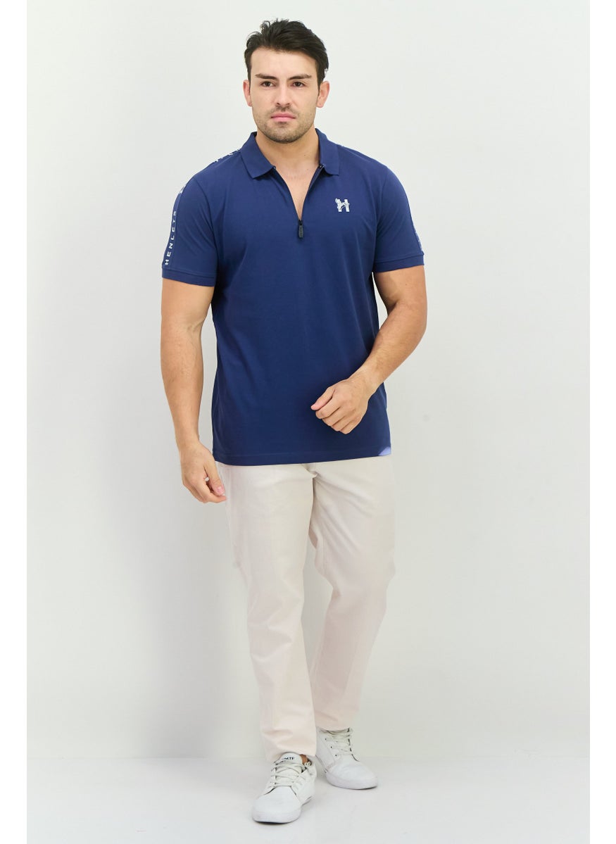Henleys - Men Regular Fit Brand Logo Short Sleeves Polo, Navy - Image 1