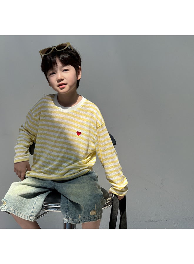 Summer Children's Long-sleeved Striped Sun-protective Shirt For Men And Women Middle And Big Children's Lightweight Tencel Embroidered T-shirt Trendy - Image 2