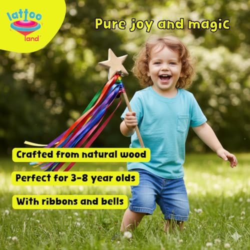Lattooland Wooden Wand for Kids with Ribbons and Bells Wizard Fairy Princess Wand Toy Handcrafted Magic Wand for Pretend Play Costumes Sensory Educational Montessori EcoFriendly Gift - Image 5
