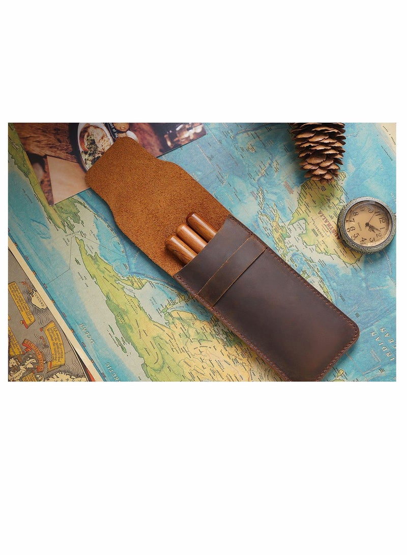 KASTWAVE Vintage Leather Pencil Case Holder, Genuine Leather Pen Case Holder Handmade Fountain Multi Pens Pouch Leather Pen Protective Sleeve Cover (2 Pack -Brown, Large+Small)  - Image 4