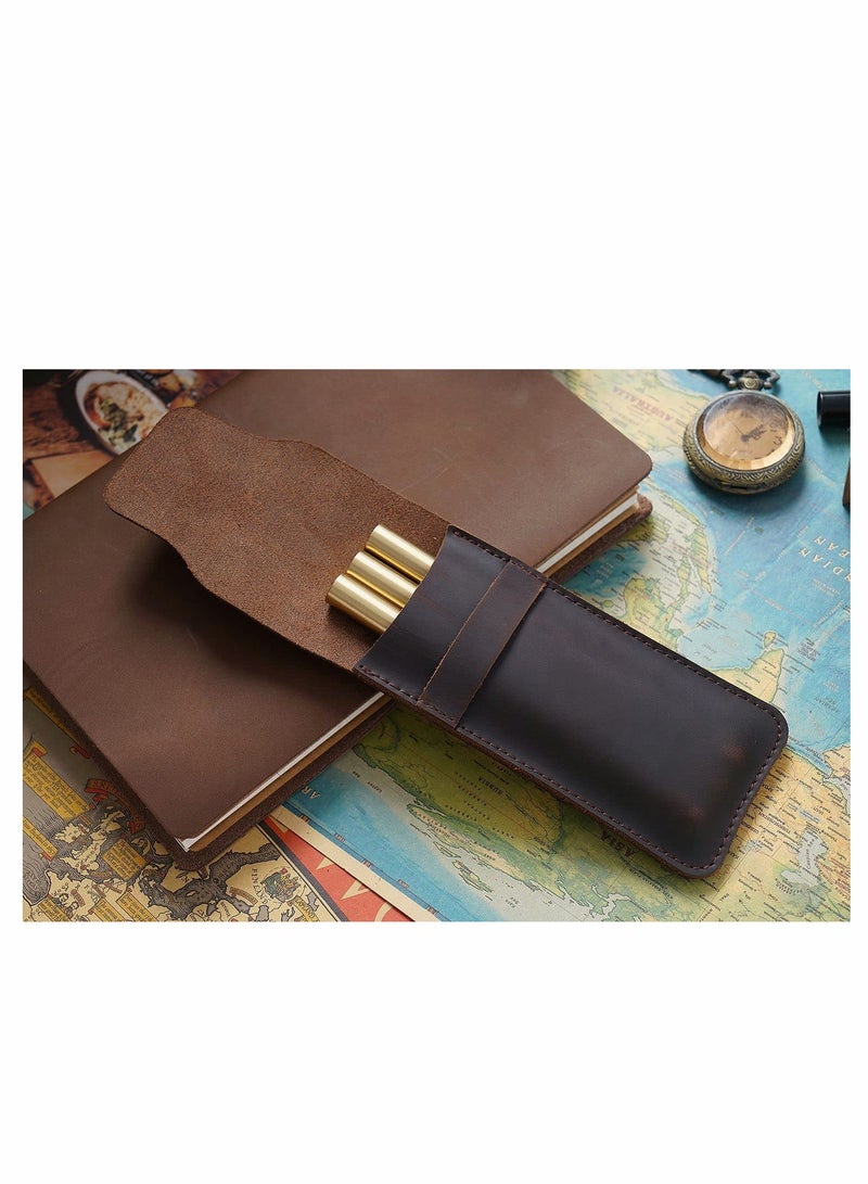 KASTWAVE Vintage Leather Pencil Case Holder, Genuine Leather Pen Case Holder Handmade Fountain Multi Pens Pouch Leather Pen Protective Sleeve Cover (2 Pack -Brown, Large+Small)  - Image 3